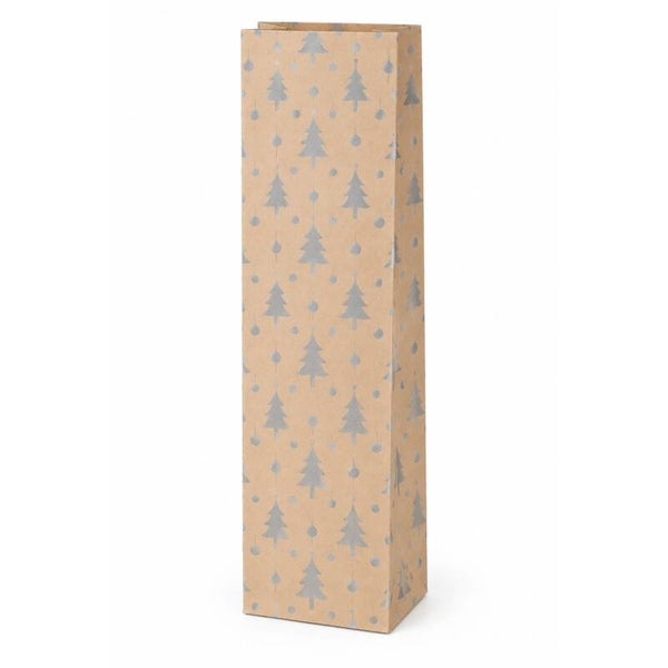 Cadeauzak Wijnfles Kerst | Zilver Kerstbomen & Kerstballen | 35 x 10,5 cm