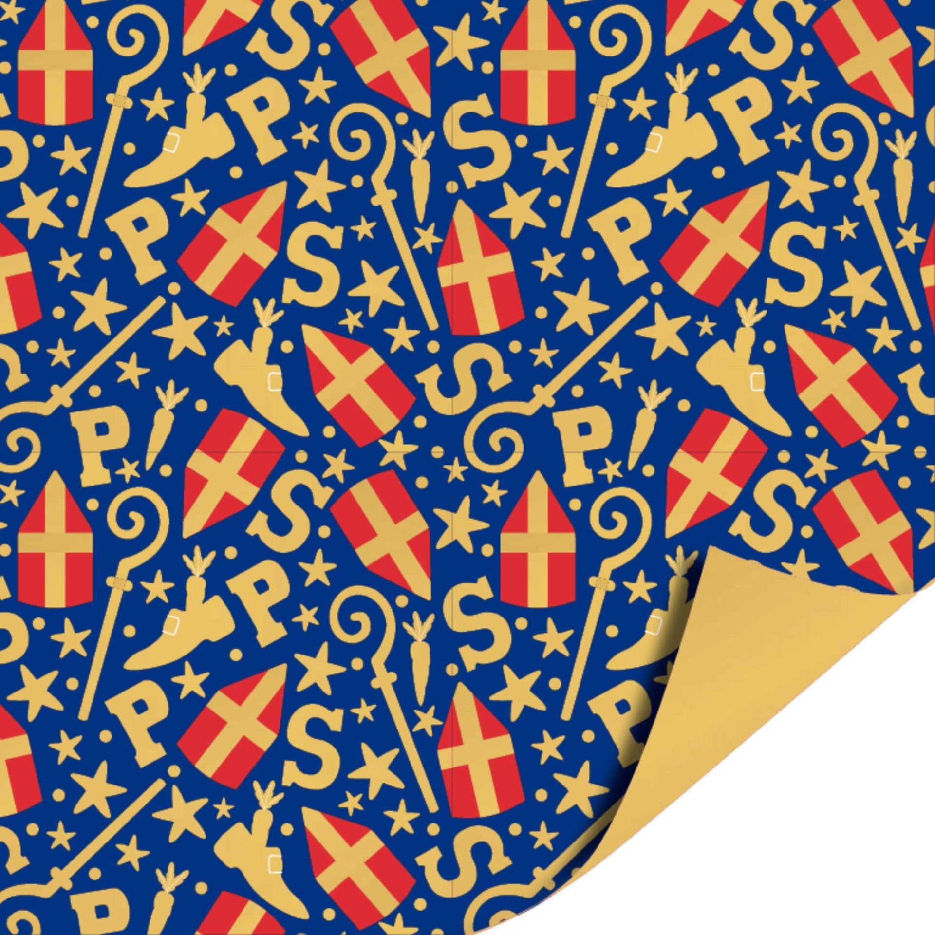 Sinterklaas | Cadeaupapier | Inpakpapier | Dubbelzijdig | Sinterklaas Kapoentje | Blauw | Goud