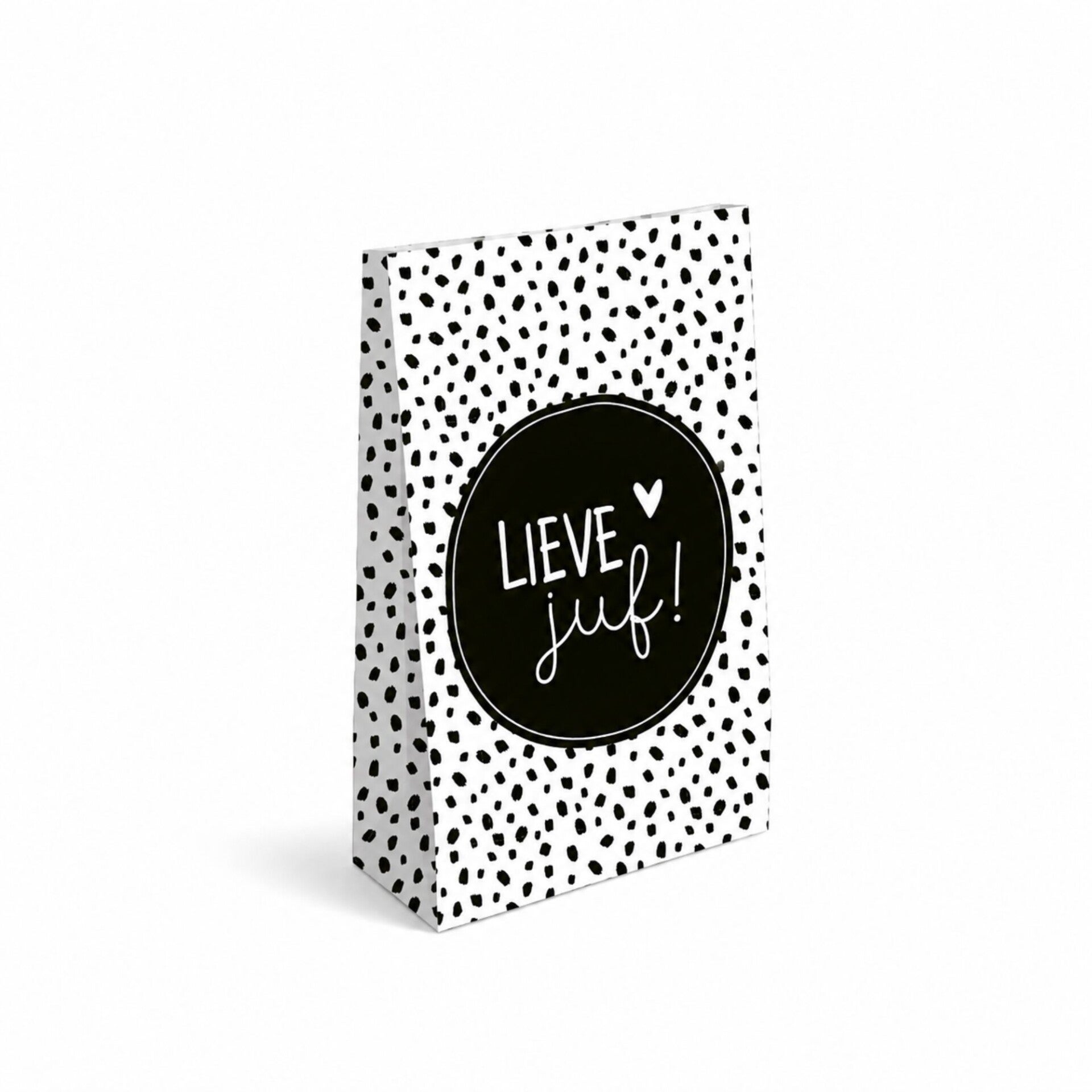Cadeauzakje | Lieve Juf | Blokbodem Wit Met Zwarte Stippen
