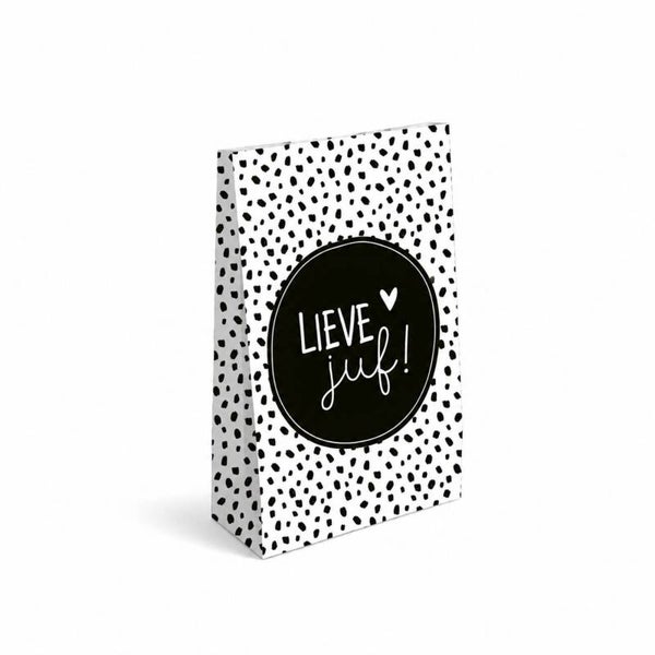Cadeauzakje | Lieve Juf | Blokbodem Wit Met Zwarte Stippen