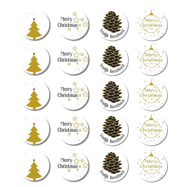 Kerst | Stickervel Goud Zwart Wit | 20 Stuks