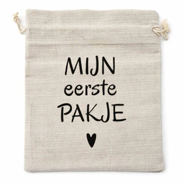 Mijn Eerste Pakje | Katoenen Cadeauzakje Baby | Zwarte Tekst