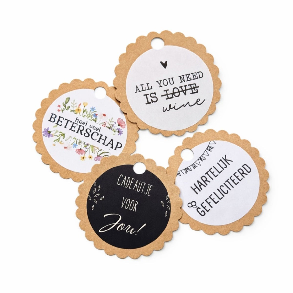 Kraft labels 5 cm – Rond met speelse rand | 5 stuks