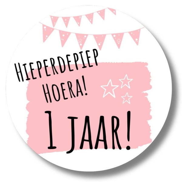 Stickers | Hieperdepiep Hoera 1 jaar | Roze | 20 Stuks
