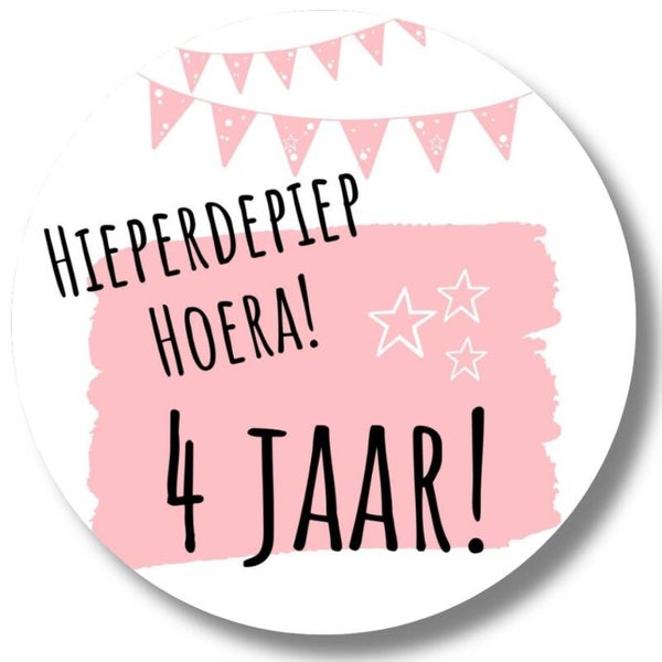 Stickers | Hieperdepiep Hoera 4 jaar | Roze | 20 Stuks