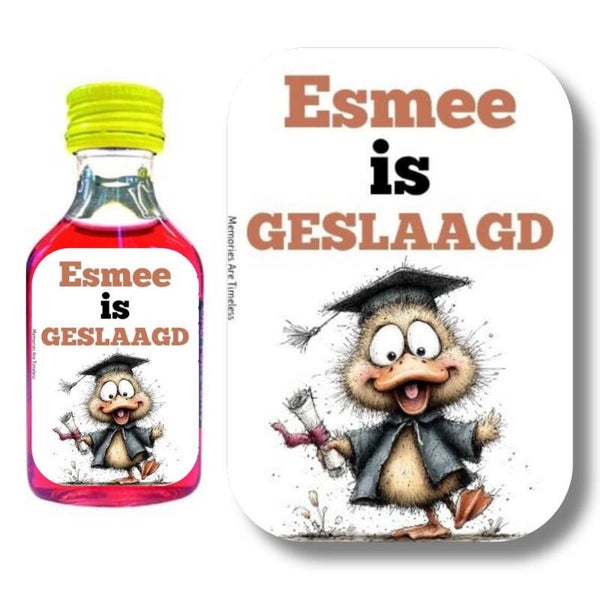 Gepersonaliseerde Geslaagd Shotjes Etiketten met Naam – Eend - 30 Stuks – 3x4 cm