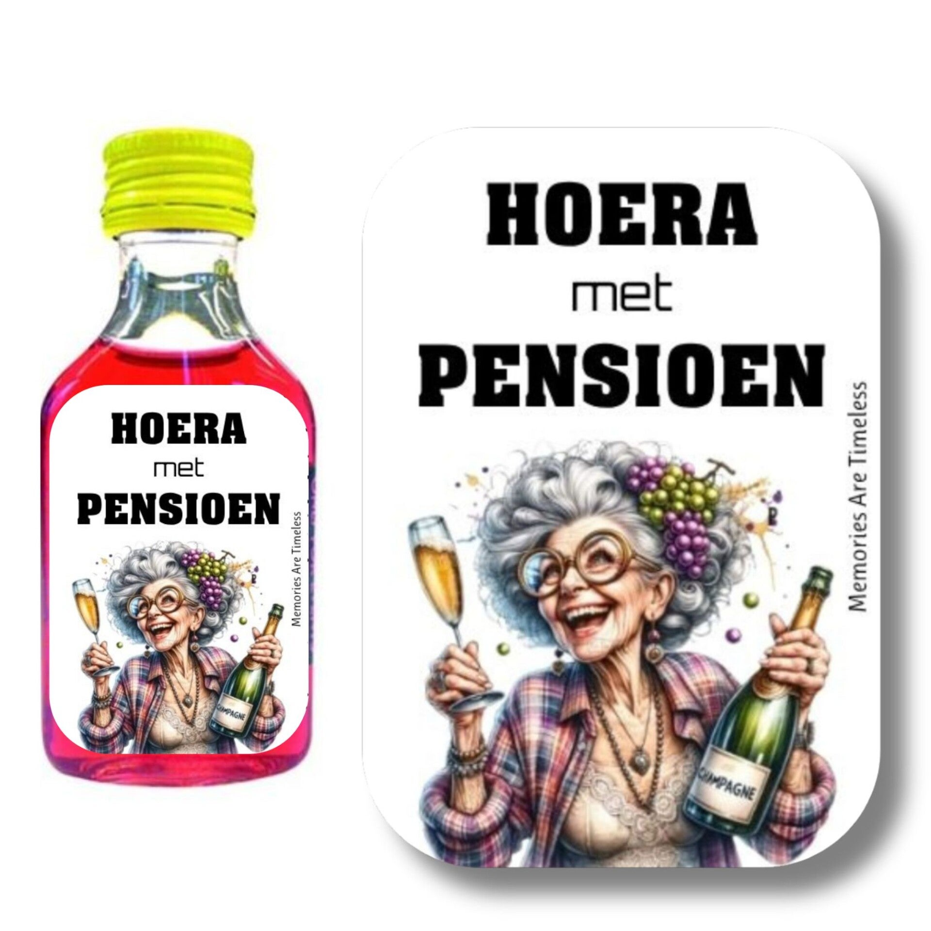 Shotjes Etiketten | Hoera met Pensioen vrouw | 30 Stickers | Mini Shotflesjes 20 ml