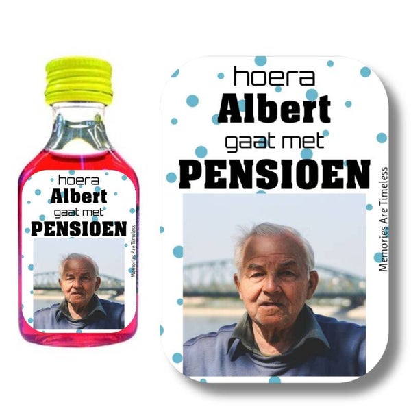Shotjes Etiketten Gepersonaliseerd | Pensioen met Foto & Naam | Blauwe Confetti | 30 Stickers