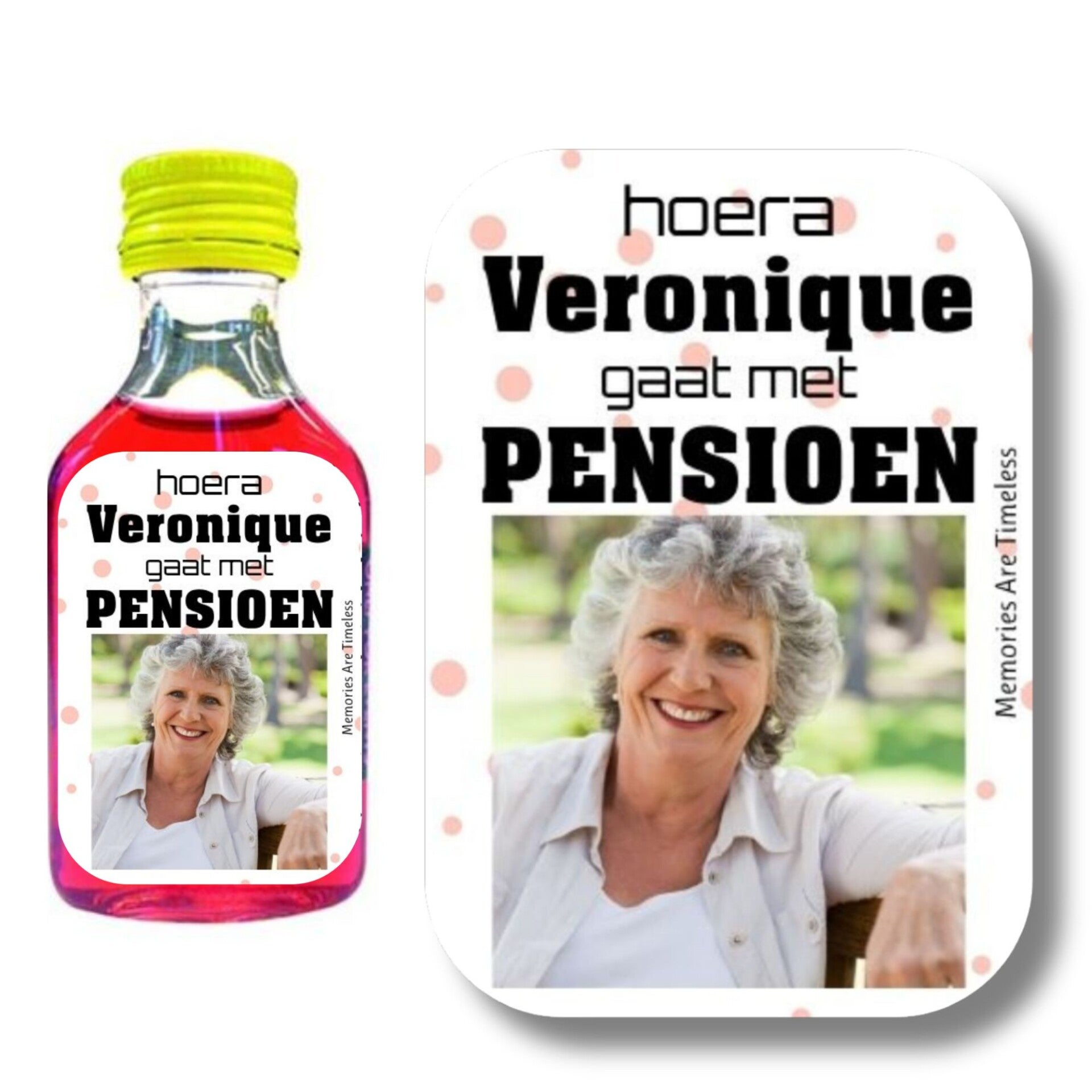 Shotjes Etiketten Gepersonaliseerd | Pensioen met Foto & Naam | 30 Stickers | Mini Shotflesjes 20 ml