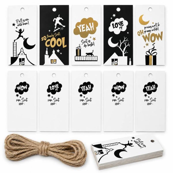 Sinterklaas Cadeaulabels Zwart Goud | 10 Stuks + 2 Meter Jute Touw