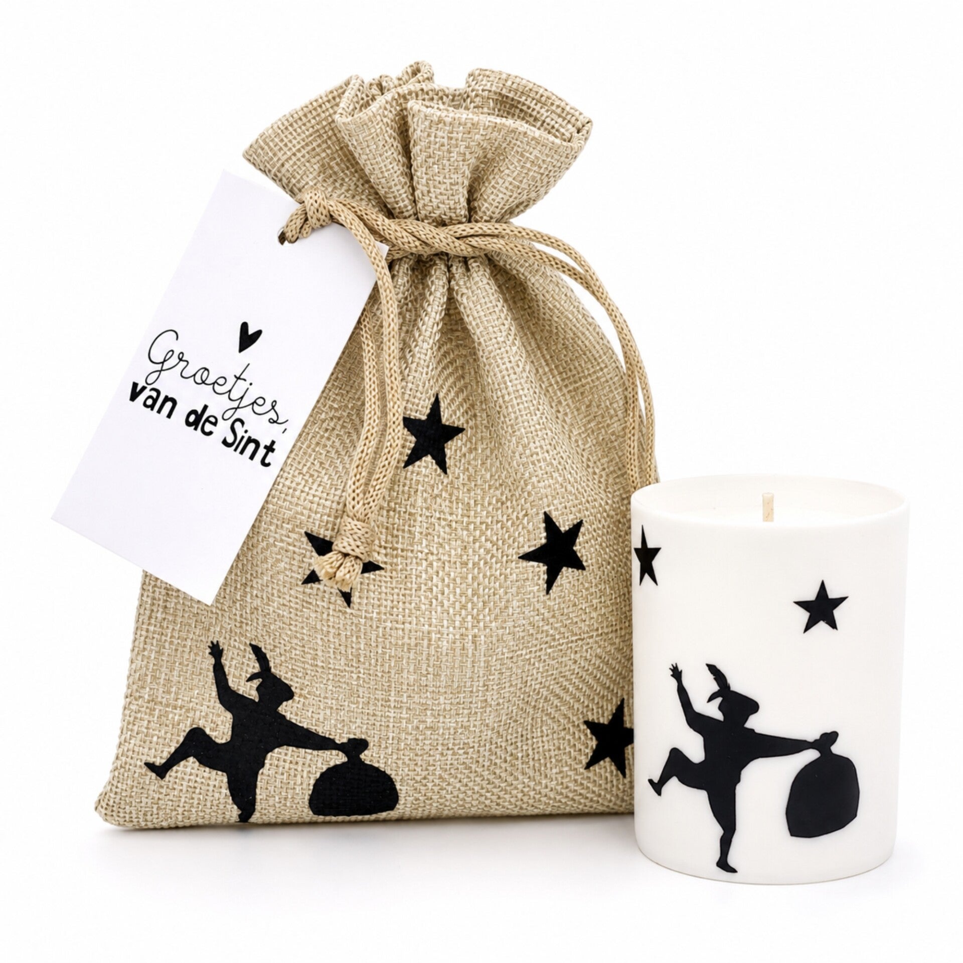 Sinterklaas Cadeautje | Jute Zakje met Kaars & Cadeaukaartje