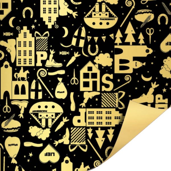 Sinterklaas | Cadeaupapier | Inpakpapier | Dubbelzijdig | Zwart Goud