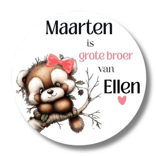 Gepersonaliseerde grote broer stickers zusje – geboorte traktatie beer met roze strik