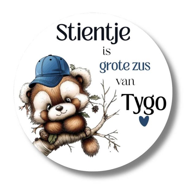 Gepersonaliseerde grote zus stickers broertje | Geboorte traktatie beer met blauw petje