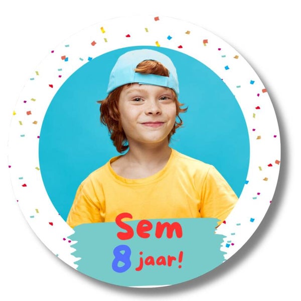 Gepersonaliseerde Stickers | Foto | Blauw Confetti | 20 stuks