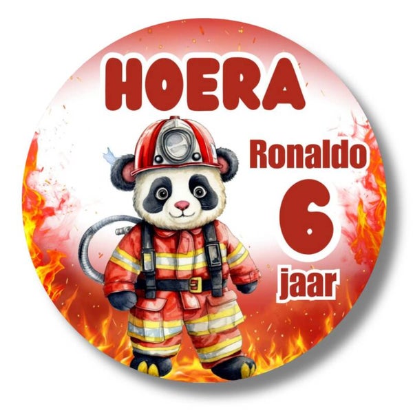Gepersonaliseerde Traktatie Stickers Brandweer Panda - Naam en Leeftijd