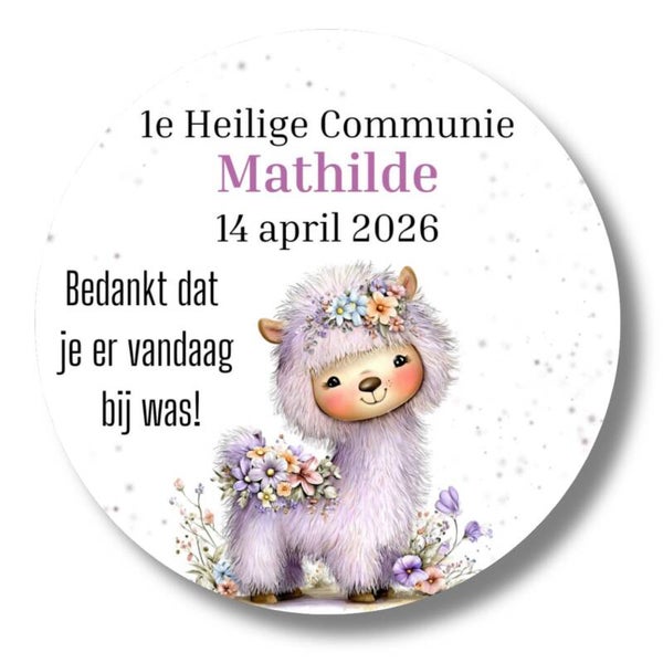 Gepersonaliseerde Communie Stickers | Lama met Naam en Datum