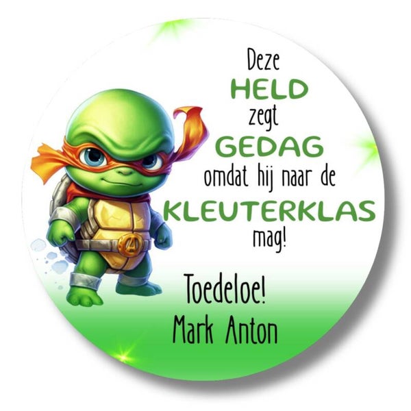 Gepersonaliseerde Basisschool stickers | Superheld Schildpad Naar De Kleuterklas | Met Naam | 20 Stuks
