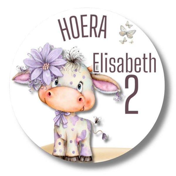 Gepersonaliseerde Sticker | Naam en Leeftijd | Schattige koe met bloem