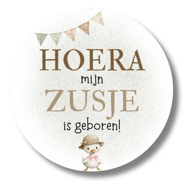 Geboortestickers | Hoera mijn zusje is geboren! | Eend | 20 stuks