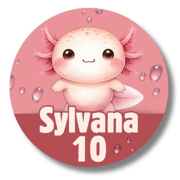 Traktatiestickers Axolotl met naam en leeftijd | Rond 4 cm | 20 glossy stickers