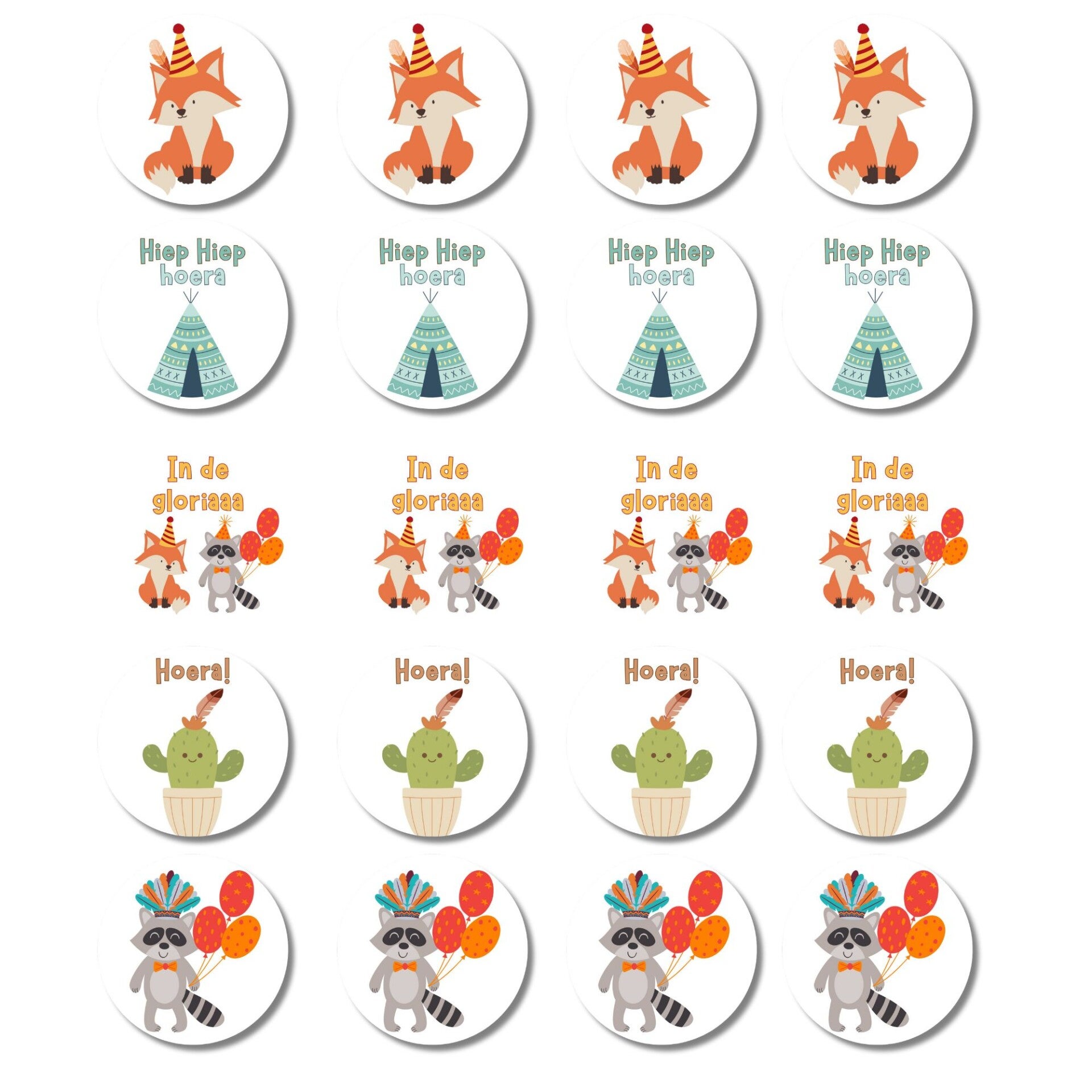 Stickervel | Verjaardag | Wasbeer | Vos | Indianen