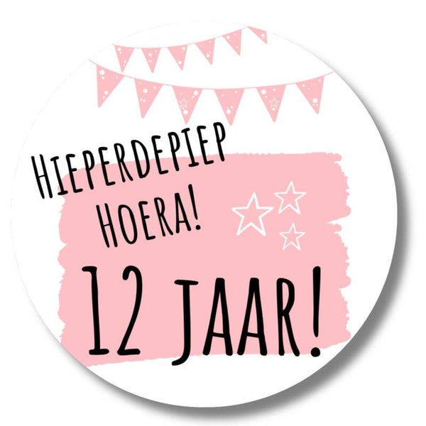 Stickers | Hieperdepiep Hoera 12 jaar | Roze | 20 Stuks