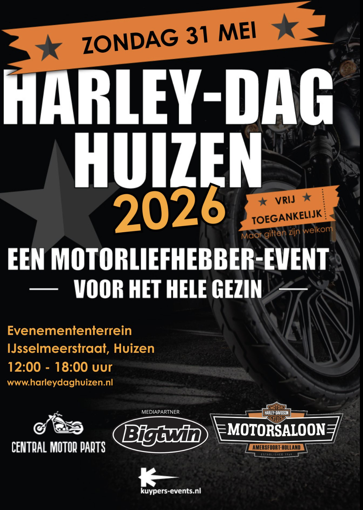 Poster Harleydag Huizen 2026 – zondag 31 mei, 12:00–18:00, IJsselmeerstraat Huizen.