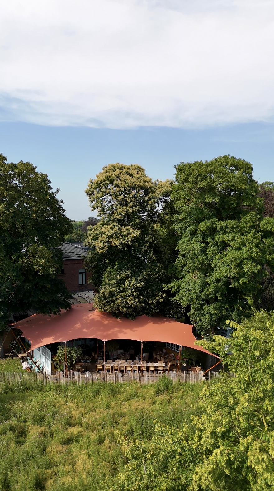 Stretchdoek tent met uitsnijden om boom heen overdekt terras met tafels en stoelen eronder