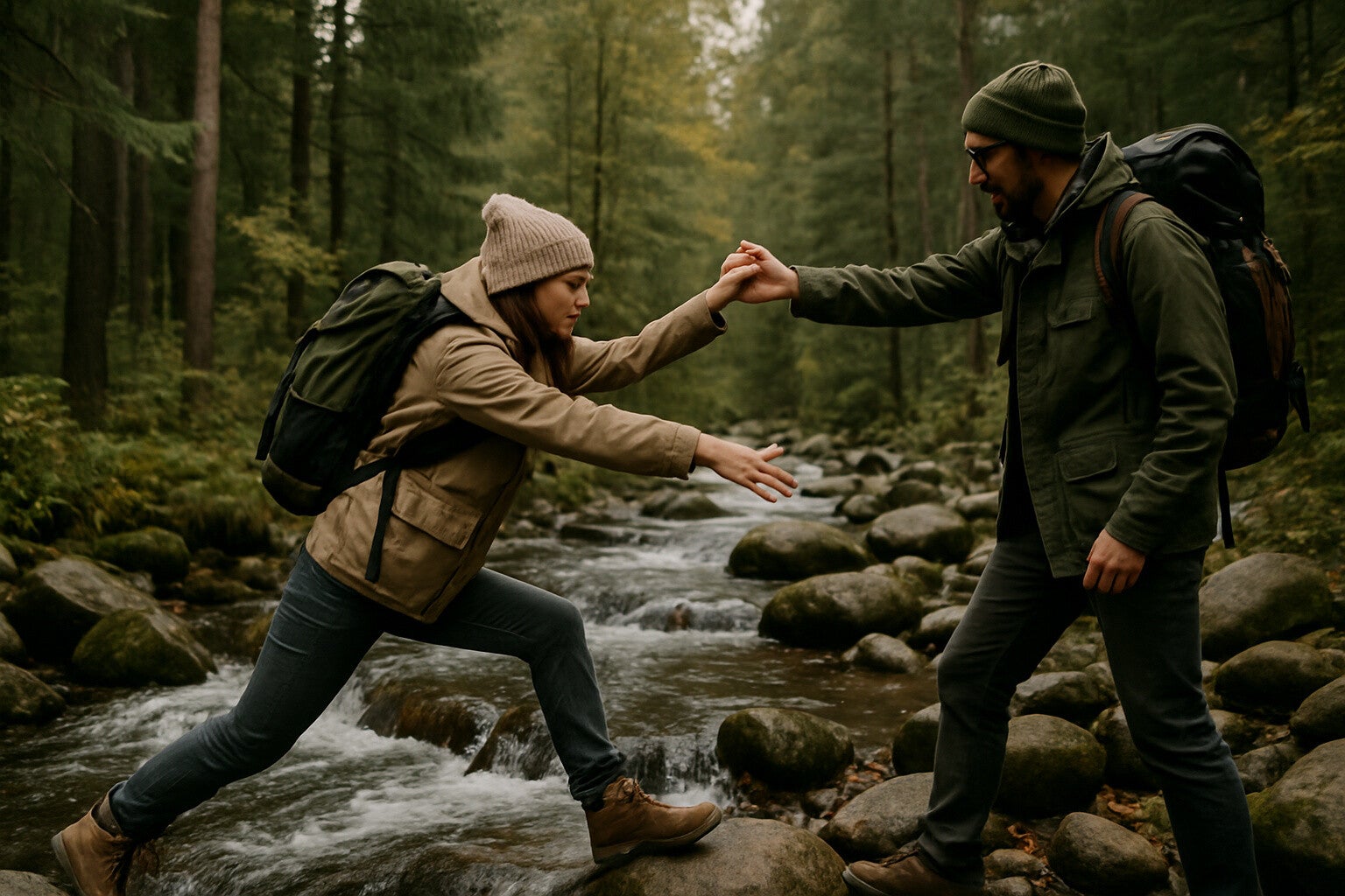 A person is helping a companion to cross a rocky creek running thru a pine forest. 