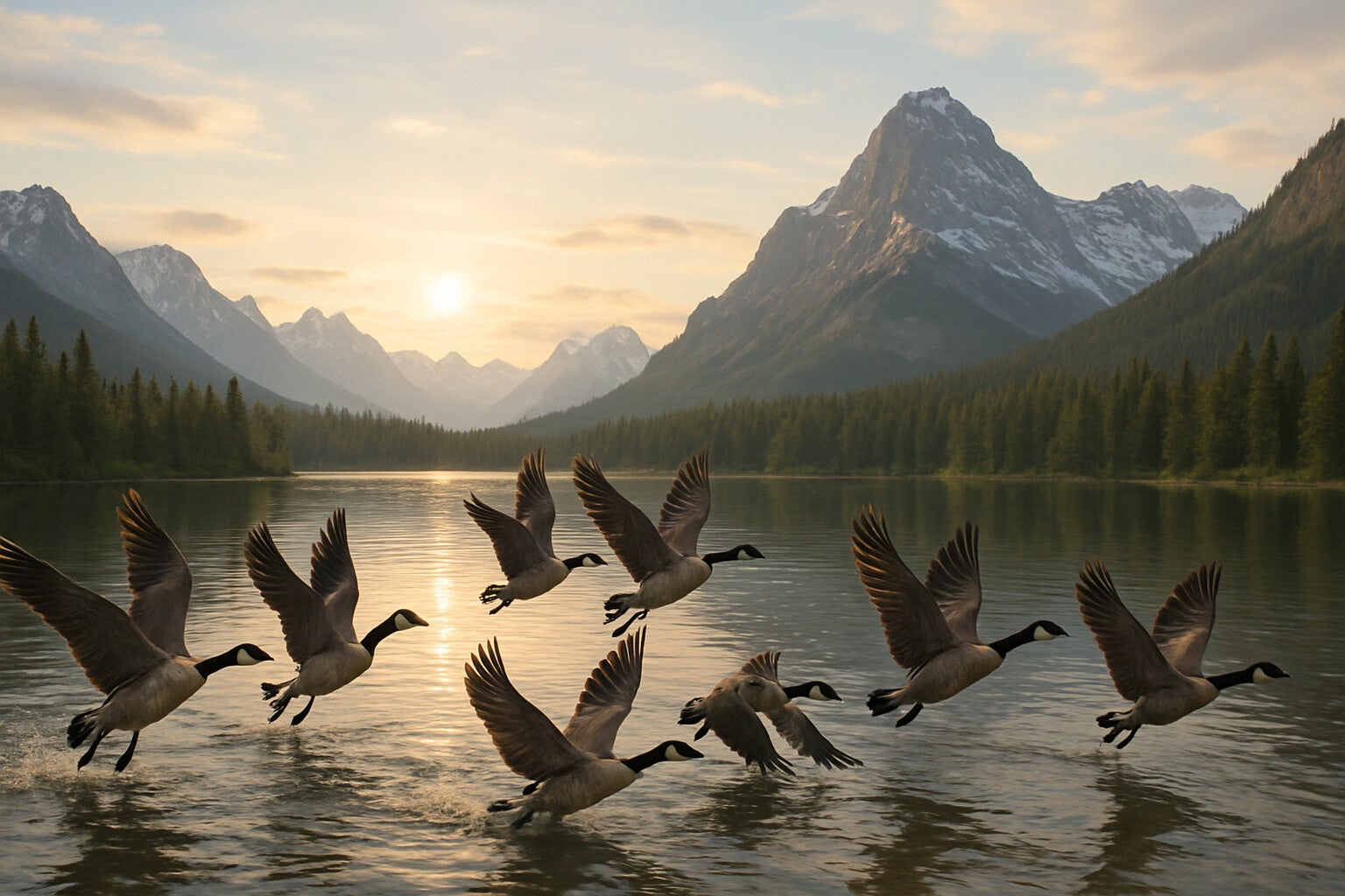 A flock of Canada geese are lifting from the waters of a montain lake. Mountains and a rising sun is in the background.