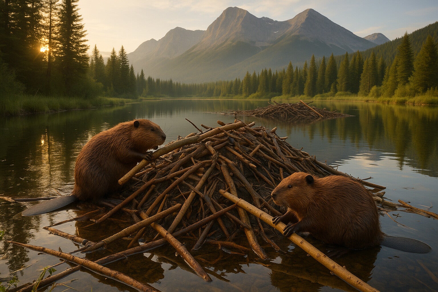 Two beavers are working on their lodge. Sitting together they are organizing some small branches.