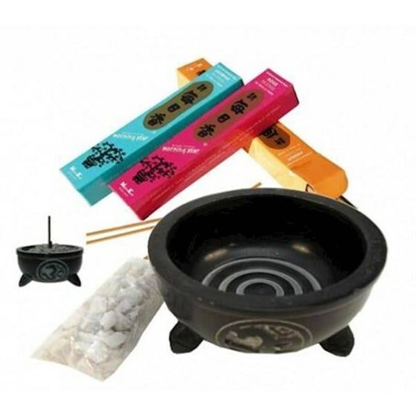 Wierookbakje zwart zeepsteen Ohm of pentagram  + witte steentjes