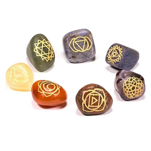 SET 7 chakra symbolen trommelstenen 1.5-2.5 cm