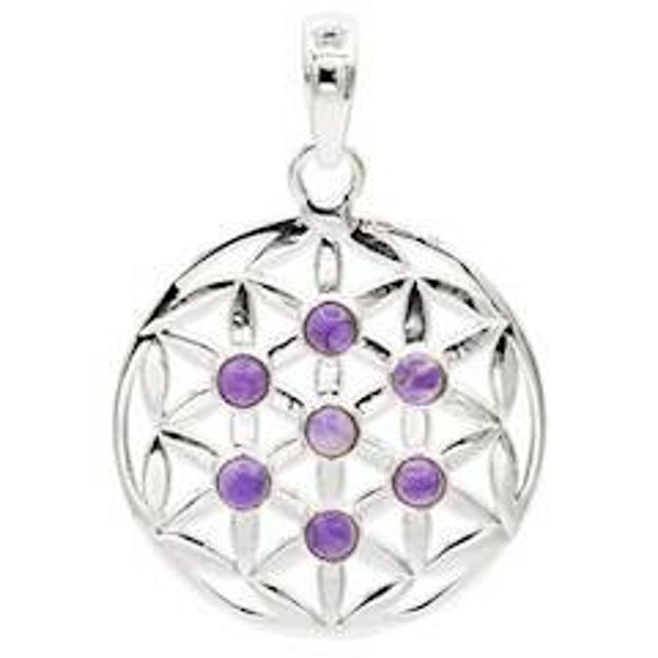 Bloem des levens hanger 925 zilver met amethist 3 cm