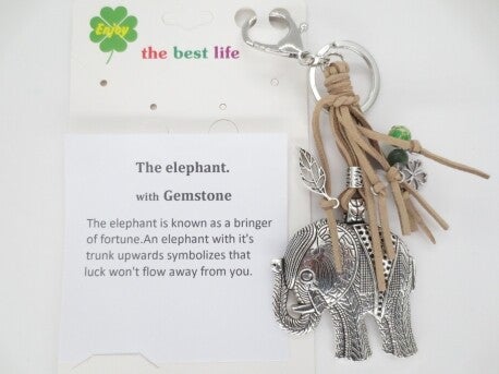 Zilver olifant sleutelhanger met lichtbruin koord