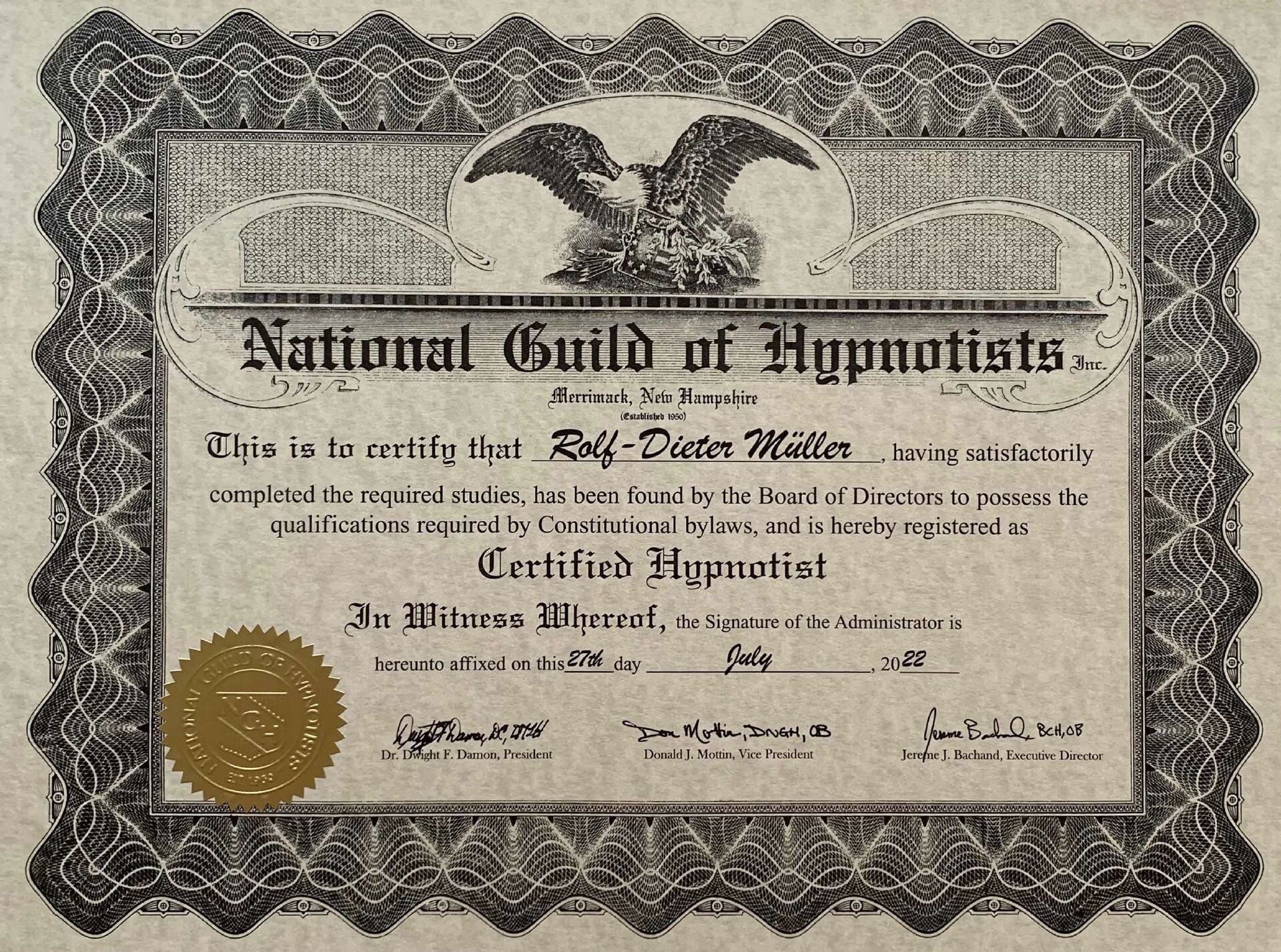 persönliches Zertifikat als Mitglied im National Guild of Hypnotists