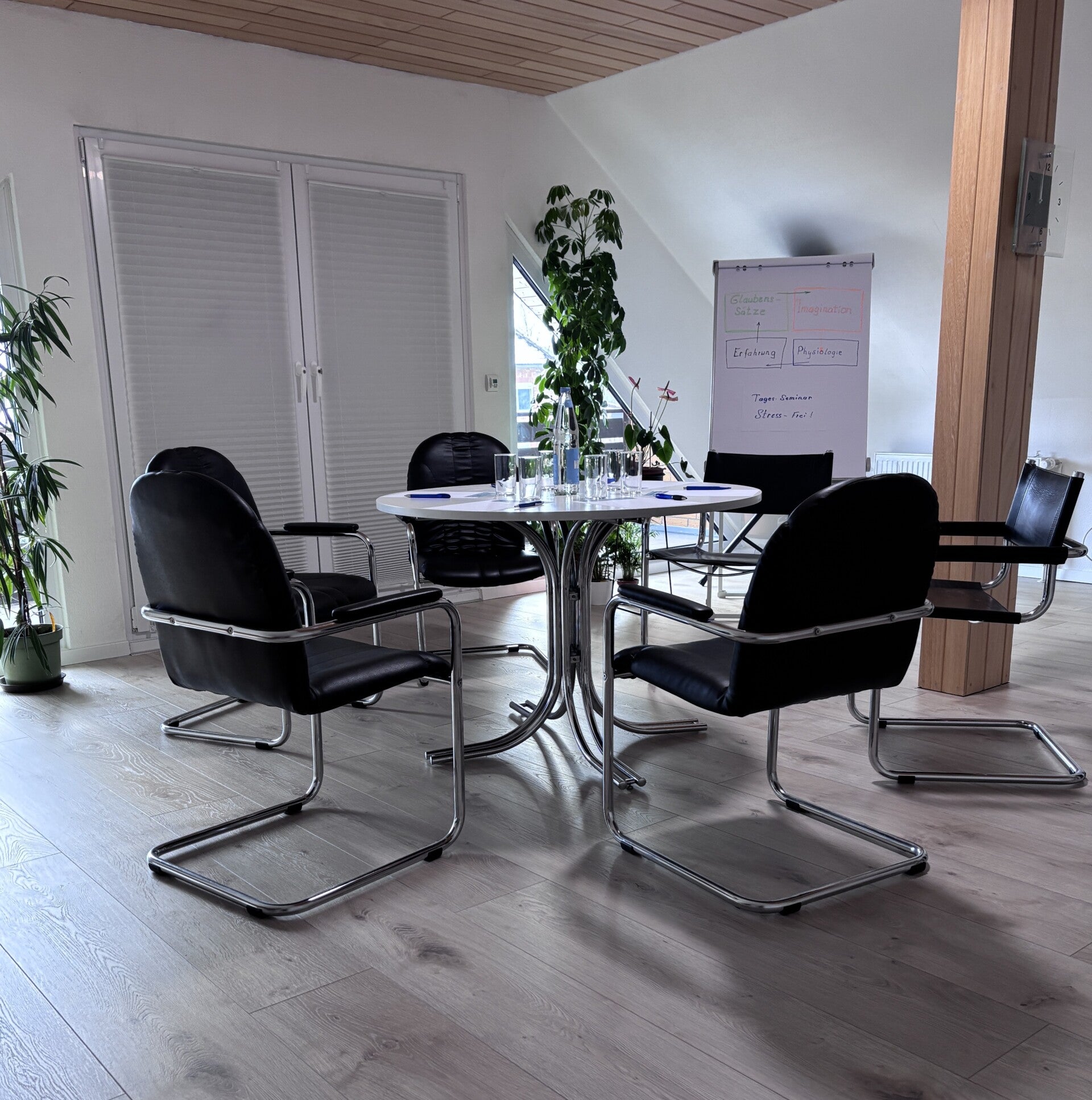 Moderner Coachingraum für Erwachsenencoaching mit Stühlen, Tisch und Flipchart
