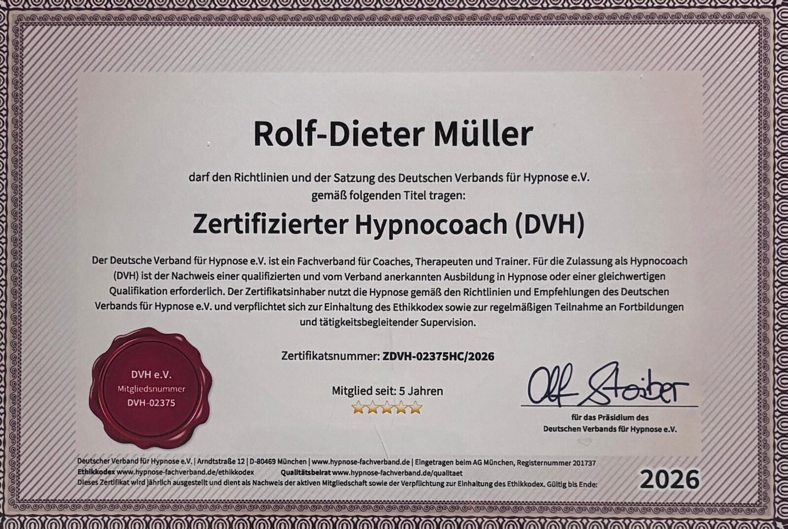 persönliches Zertifikat des DVH e. V.