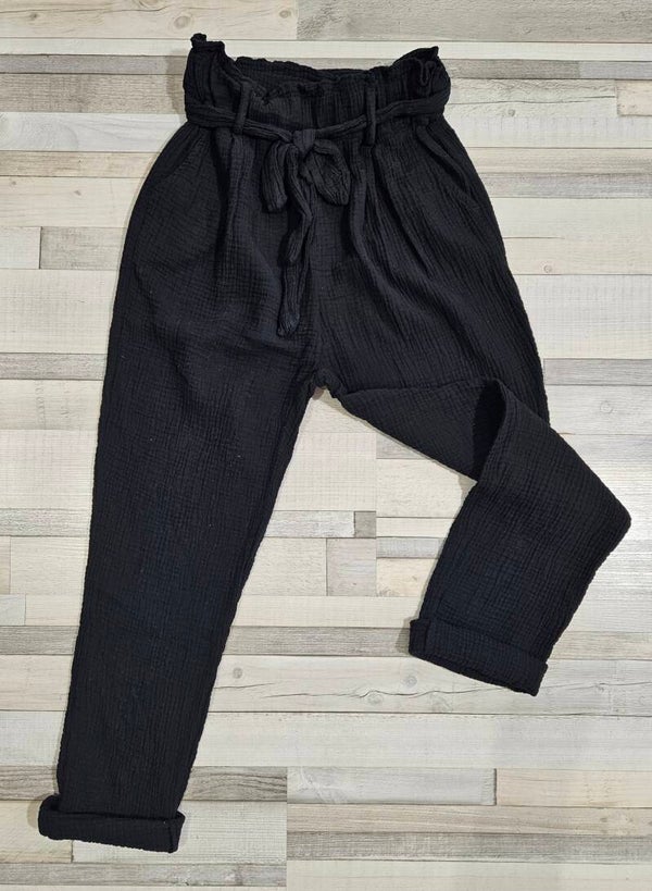 Pantalon uni gaze de coton, noir