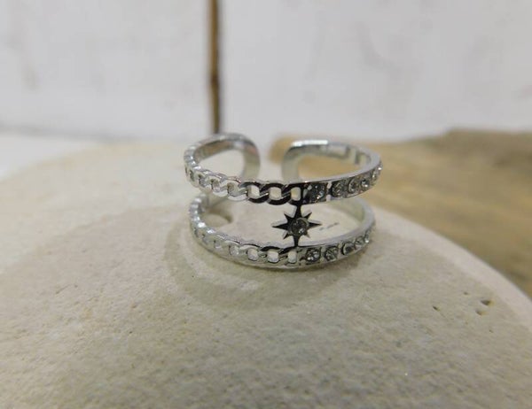Bague acier étoile strass - argenté
