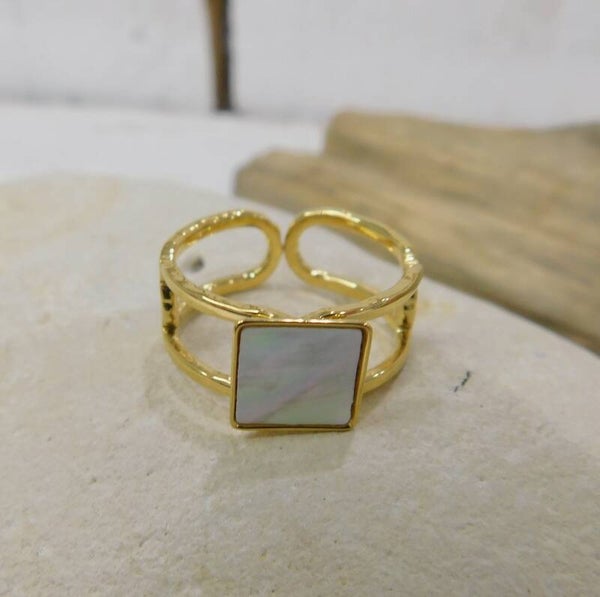 Bague double rangs nacre carrée - doré
