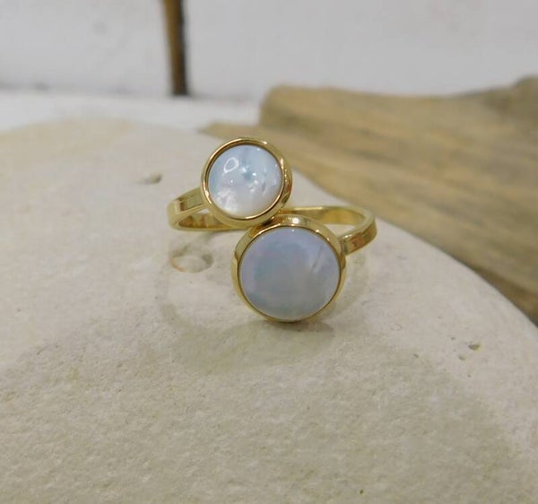 Bague acier croisée nacre - doré