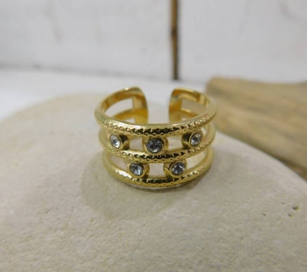 Bague acier trois rangs, strass - doré