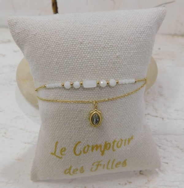 Bracelet acier double rangs, strass et perles - doré