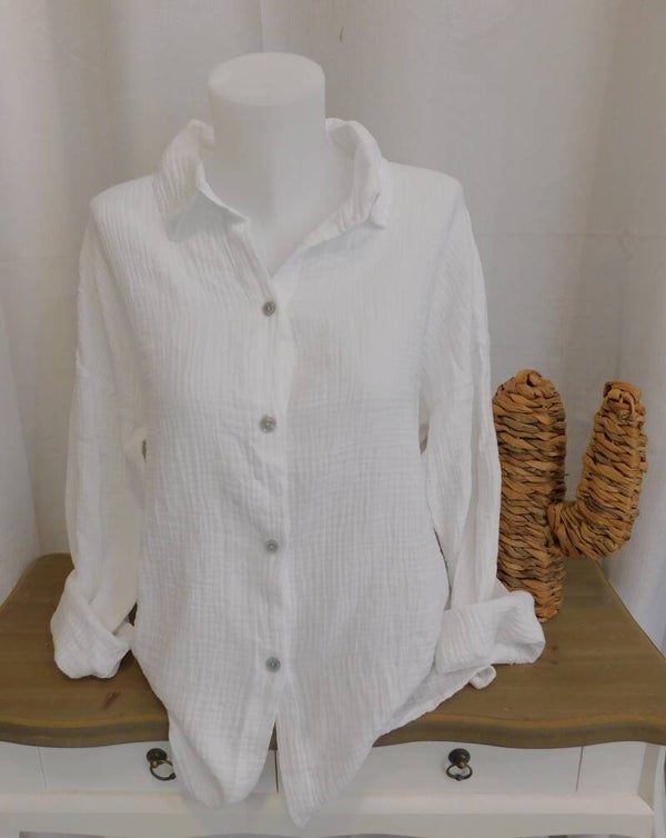 Chemise gaze de coton, manches longues - blanche