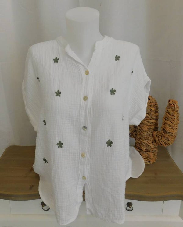 Chemise gaze de coton fleurs brodées - kaki