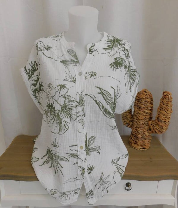 Chemise gaze de coton, imprimé fleurs - kaki
