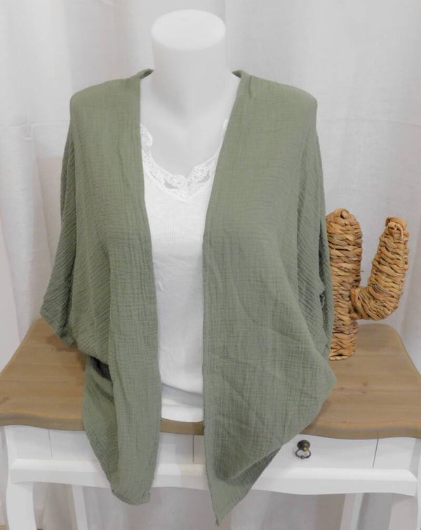Kimono en gaze de coton uni, kaki