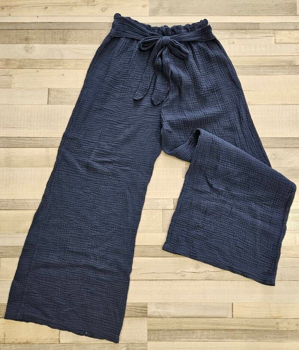 Pantalon large uni gaze de coton - marine